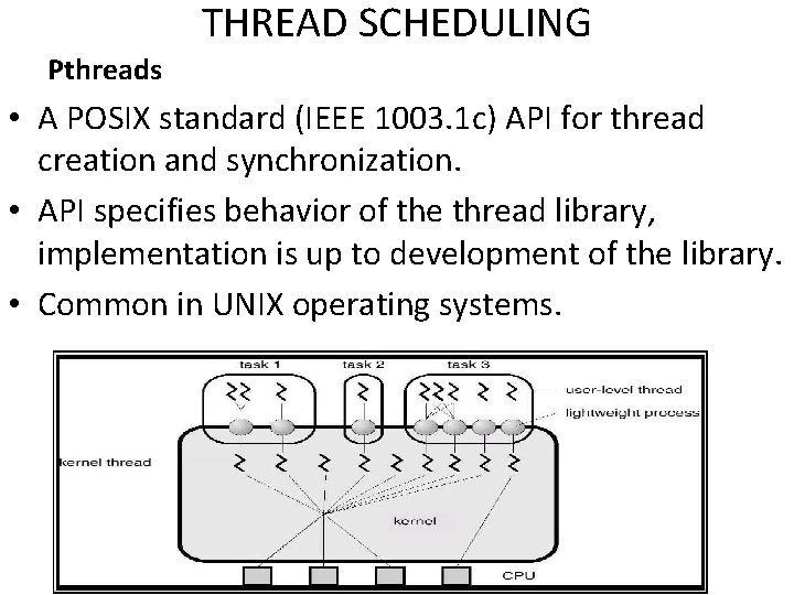 THREAD SCHEDULING Pthreads • A POSIX standard (IEEE 1003. 1 c) API for thread