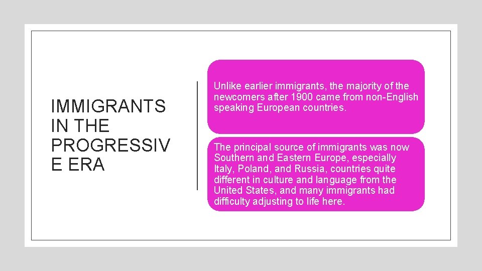 IMMIGRANTS IN THE PROGRESSIV E ERA Unlike earlier immigrants, the majority of the newcomers