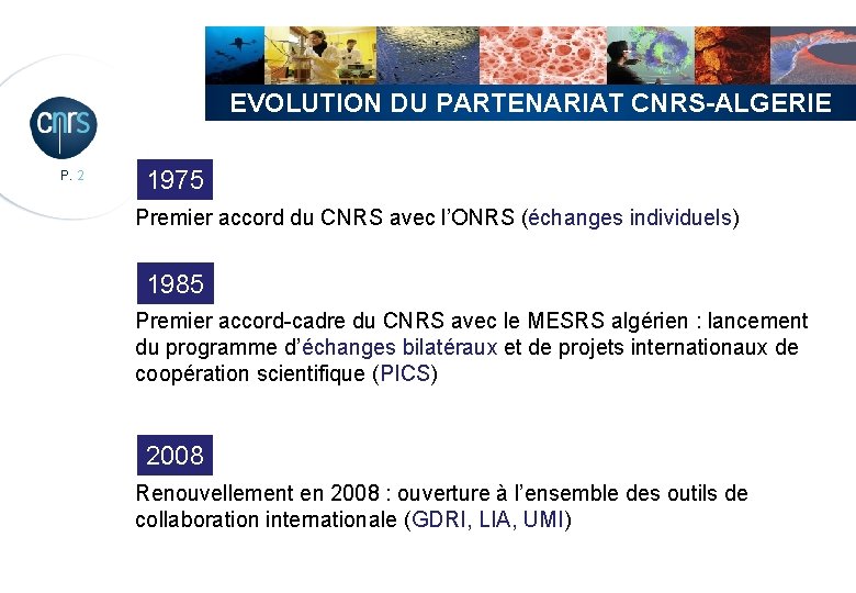EVOLUTION DU PARTENARIAT CNRS-ALGERIE P. 2 1975 Premier accord du CNRS avec l’ONRS (échanges