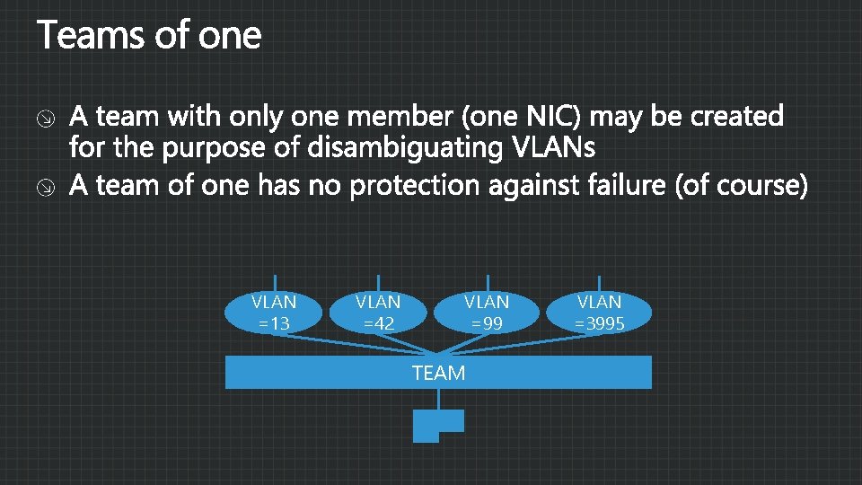 VLAN =13 VLAN =42 VLAN =99 TEAM VLAN =3995 