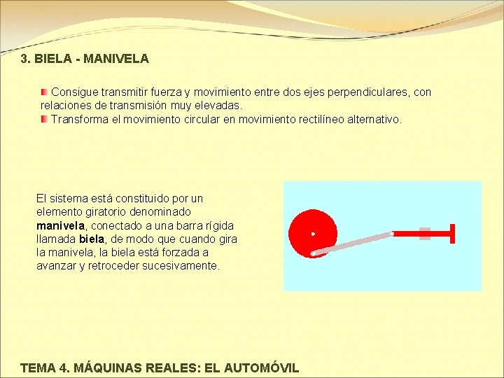 3. BIELA - MANIVELA Consigue transmitir fuerza y movimiento entre dos ejes perpendiculares, con