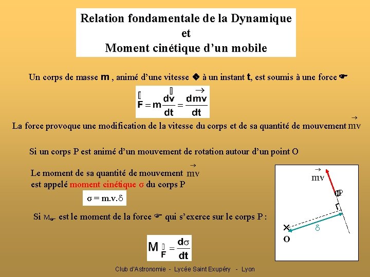 Relation fondamentale de la Dynamique et Moment cinétique d’un mobile Un corps de masse