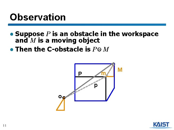 Observation ● Suppose P is an obstacle in the workspace and M is a