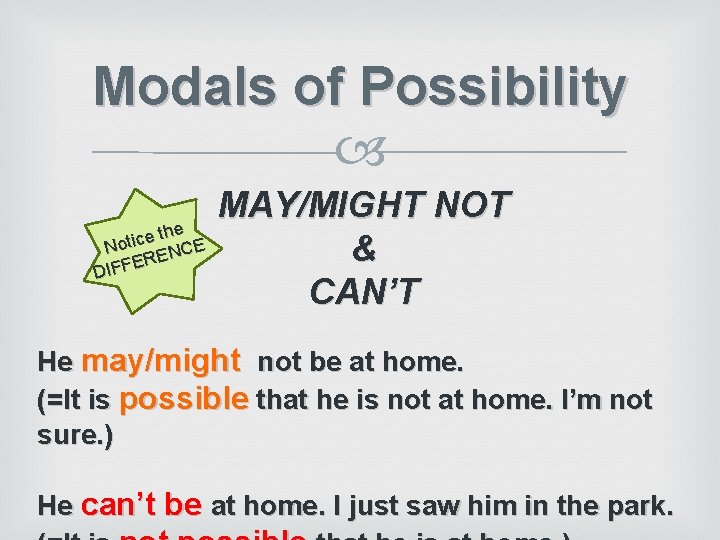Modals of Possibility MAY/MIGHT NOT he t e c i Not ENCE & R