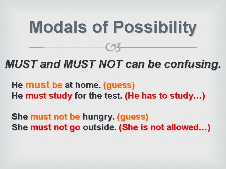 Modals of Possibility MUST and MUST NOT can be confusing. He must be at