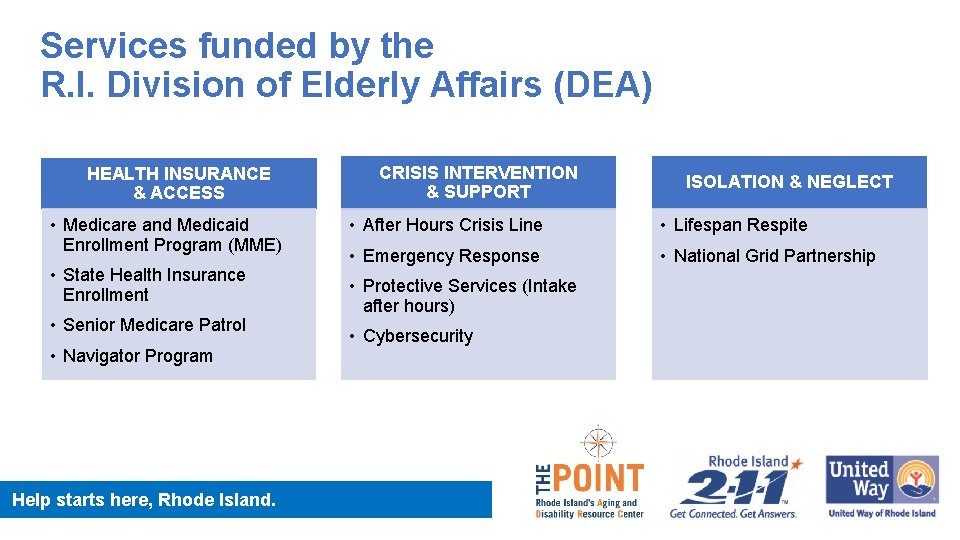 Services funded by the R. I. Division of Elderly Affairs (DEA) HEALTH INSURANCE &