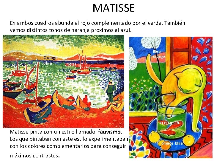 MATISSE En ambos cuadros abunda el rojo complementado por el verde. También vemos distintos