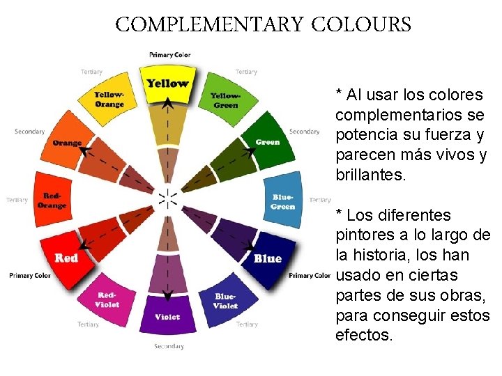 COMPLEMENTARY COLOURS * Al usar los colores complementarios se potencia su fuerza y parecen