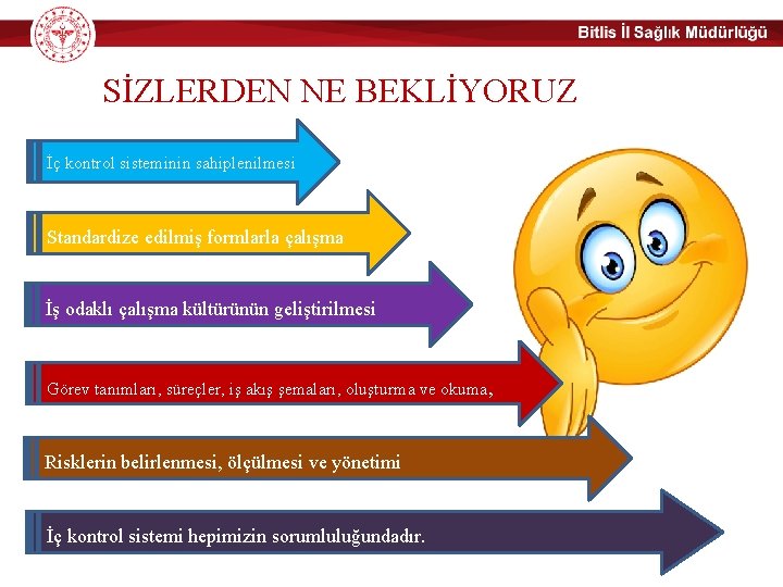 SİZLERDEN NE BEKLİYORUZ İç kontrol sisteminin sahiplenilmesi Standardize edilmiş formlarla çalışma İş odaklı çalışma