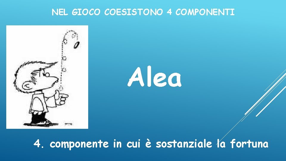 NEL GIOCO COESISTONO 4 COMPONENTI Alea 4. componente in cui è sostanziale la fortuna