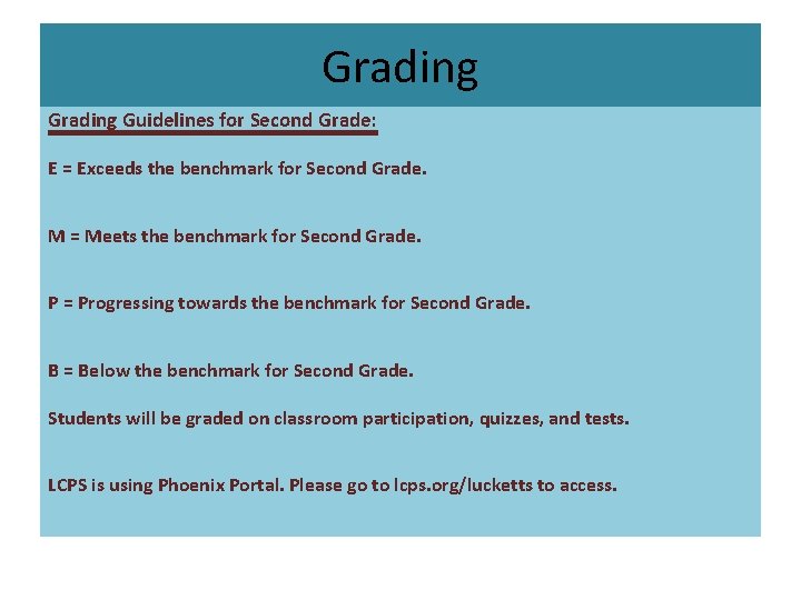 Grading Guidelines for Second Grade: E = Exceeds the benchmark for Second Grade. M
