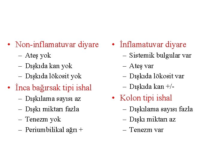  • Non-inflamatuvar diyare – Ateş yok – Dışkıda kan yok – Dışkıda lökosit