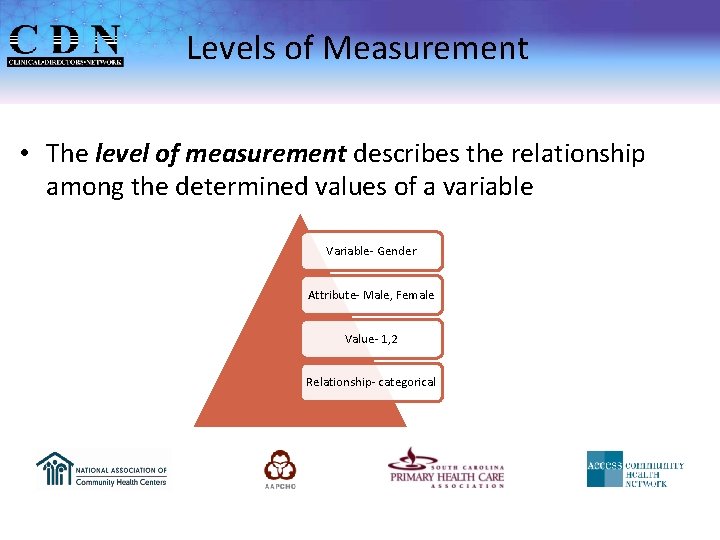 Levels of Measurement • The level of measurement describes the relationship among the determined