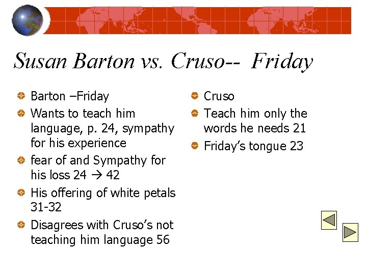 Susan Barton vs. Cruso-- Friday Barton –Friday Wants to teach him language, p. 24,
