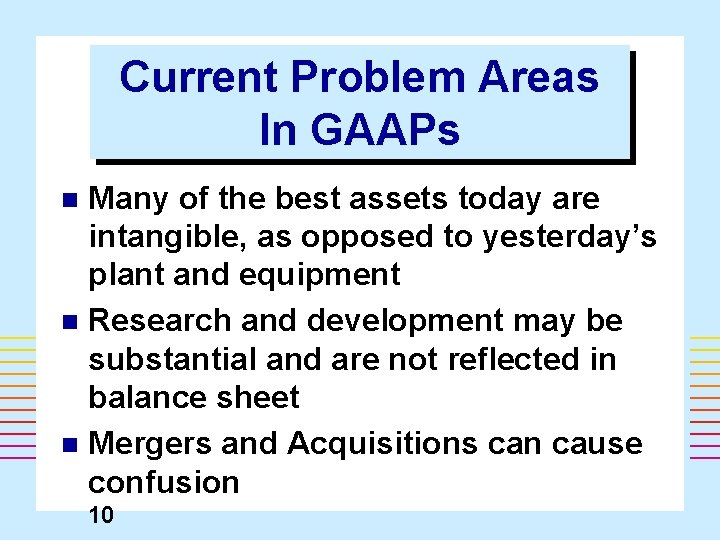 Current Problem Areas In GAAPs Many of the best assets today are intangible, as