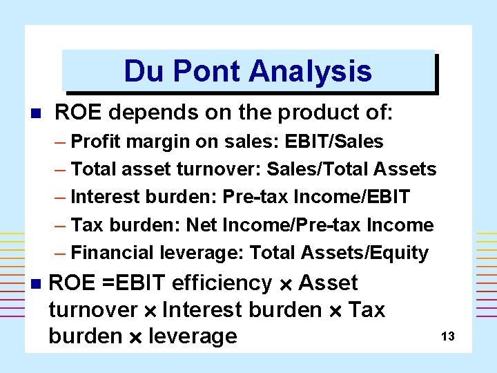 Du Pont Analysis n ROE depends on the product of: – Profit margin on