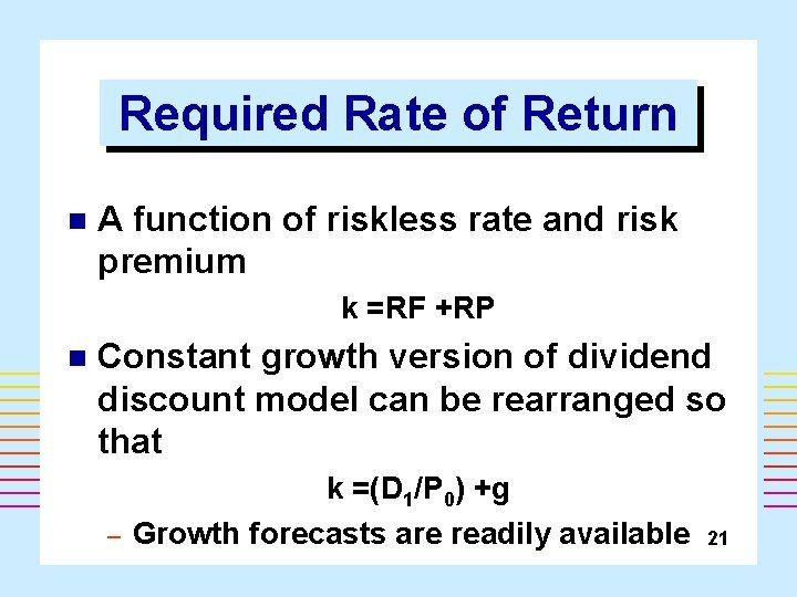 Required Rate of Return n A function of riskless rate and risk premium k