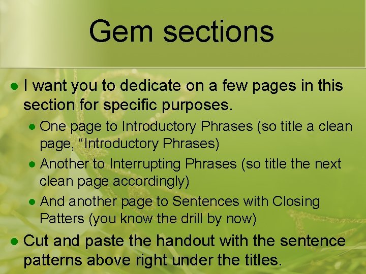 Gem sections l I want you to dedicate on a few pages in this