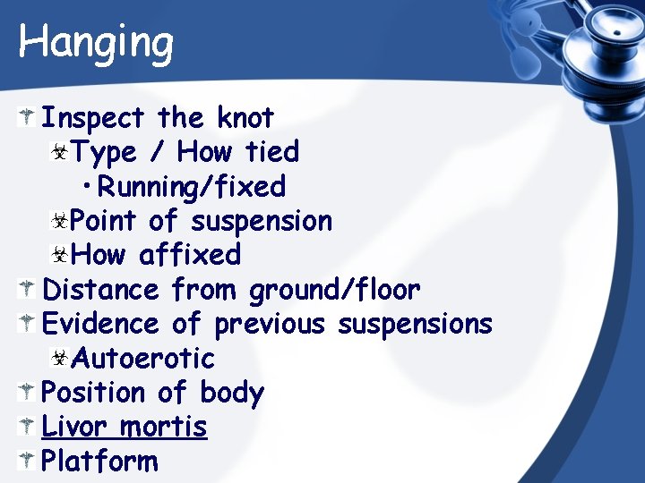Hanging Inspect the knot Type / How tied • Running/fixed Point of suspension How