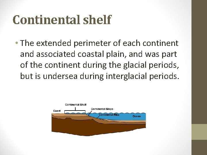 Continental shelf • The extended perimeter of each continent and associated coastal plain, and