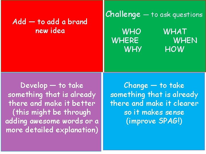 Add — to add a brand new idea Develop — to take something that