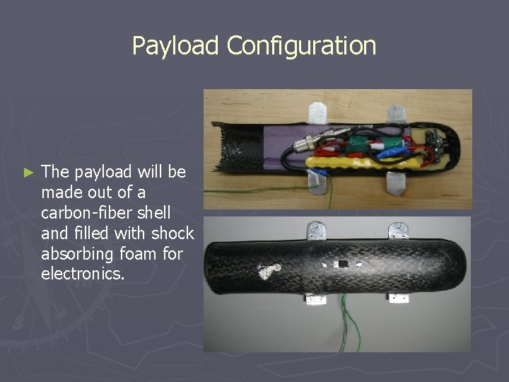 Payload Configuration ► The payload will be made out of a carbon-fiber shell and