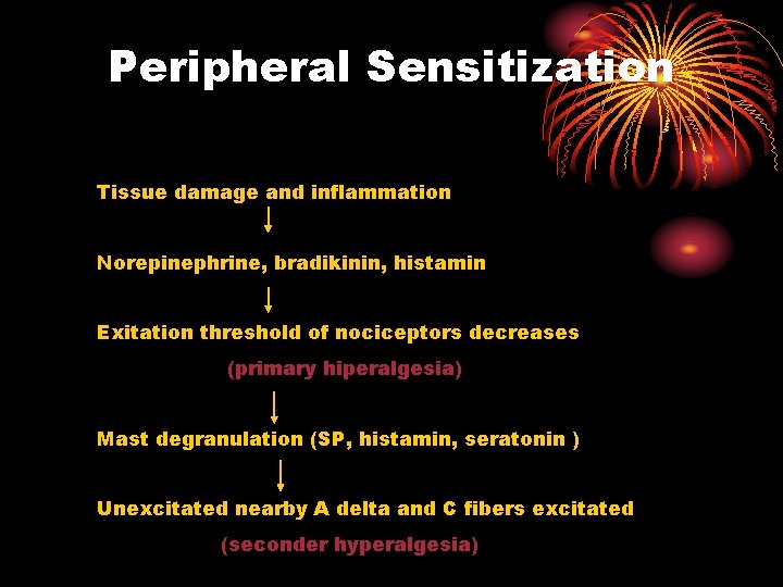 Peripheral Sensitization Tissue damage and inflammation Norepinephrine, bradikinin, histamin Exitation threshold of nociceptors decreases