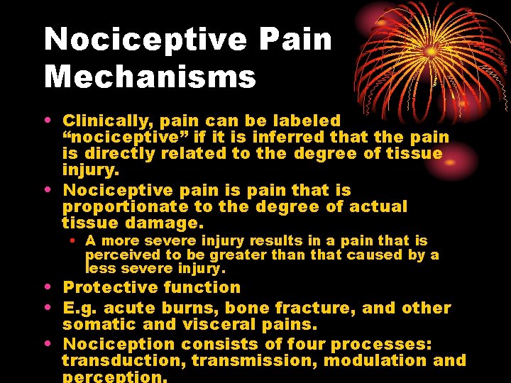 Nociceptive Pain Mechanisms • Clinically, pain can be labeled “nociceptive” if it is inferred