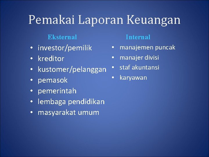 Pemakai Laporan Keuangan Eksternal • • investor/pemilik kreditor kustomer/pelanggan pemasok pemerintah lembaga pendidikan masyarakat