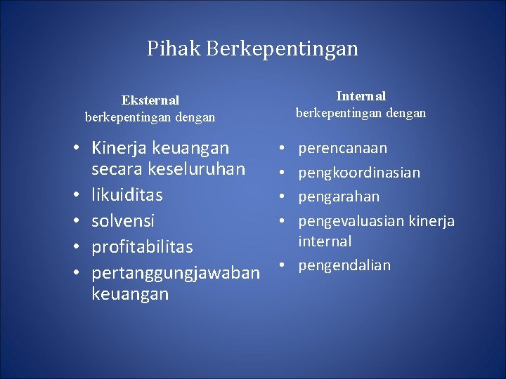 Pihak Berkepentingan Internal berkepentingan dengan Eksternal berkepentingan dengan • Kinerja keuangan secara keseluruhan •