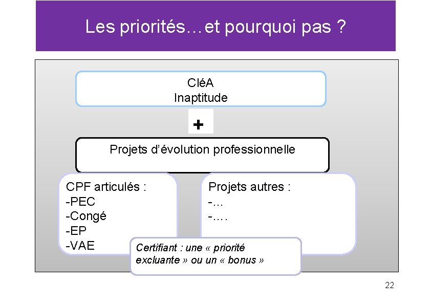 Les priorités…et pourquoi pas ? CléA Inaptitude + Projets d’évolution professionnelle Projets autres :