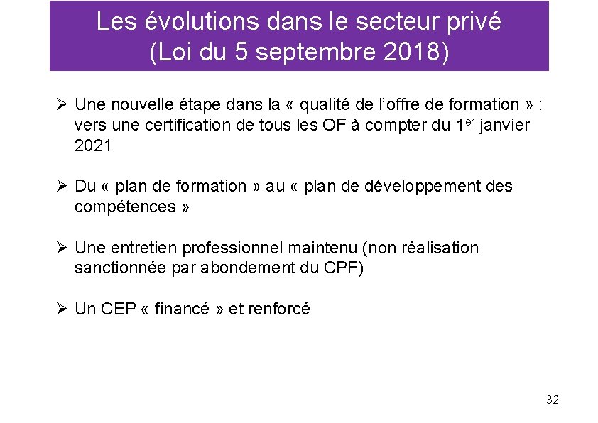 Les évolutions dans le secteur privé (Loi du 5 septembre 2018) Ø Une nouvelle