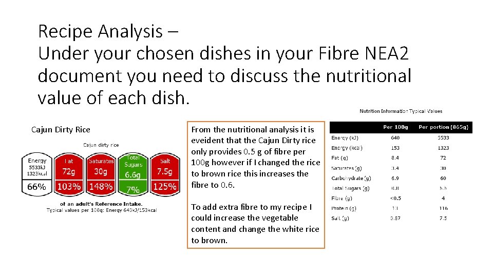 Recipe Analysis – Under your chosen dishes in your Fibre NEA 2 document you