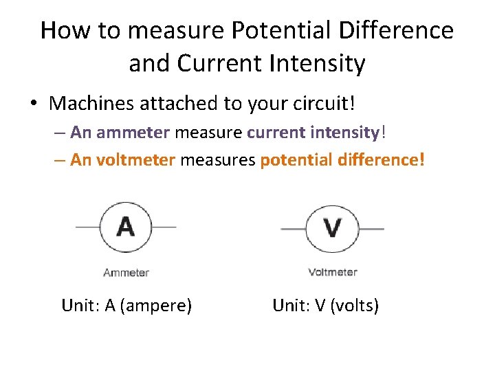 How to measure Potential Difference and Current Intensity • Machines attached to your circuit!