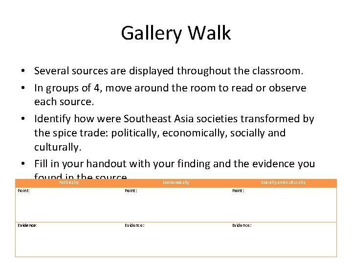 Gallery Walk • Several sources are displayed throughout the classroom. • In groups of