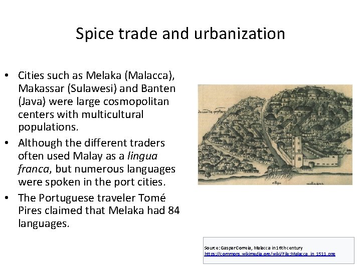 Spice trade and urbanization • Cities such as Melaka (Malacca), Makassar (Sulawesi) and Banten