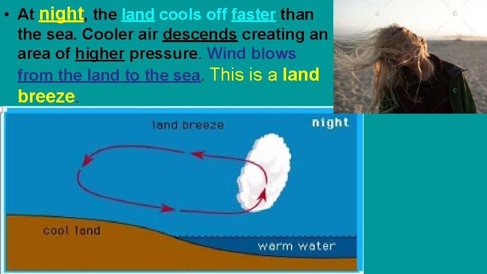 • At night, the land cools off faster than the sea. Cooler air • At night, the land cools off faster than the sea. Cooler air