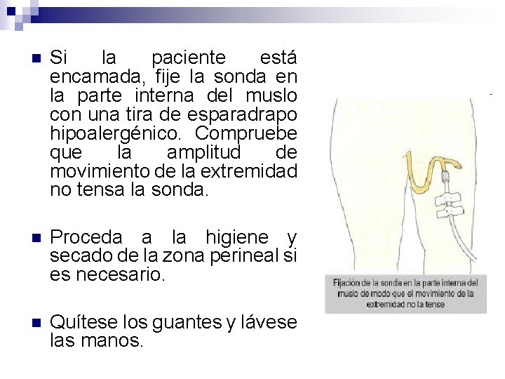 n Si la paciente está encamada, fije la sonda en la parte interna del