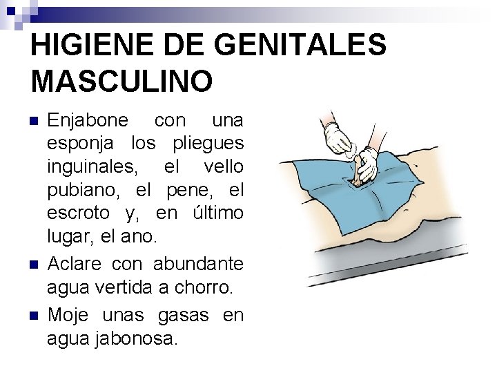 HIGIENE DE GENITALES MASCULINO n n n Enjabone con una esponja los pliegues inguinales,
