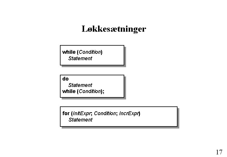 Løkkesætninger while (Condition) Statement do Statement while (Condition); for (Init. Expr; Condition; Incr. Expr)