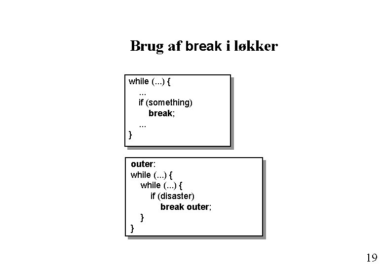 Brug af break i løkker while (. . . ) {. . . if