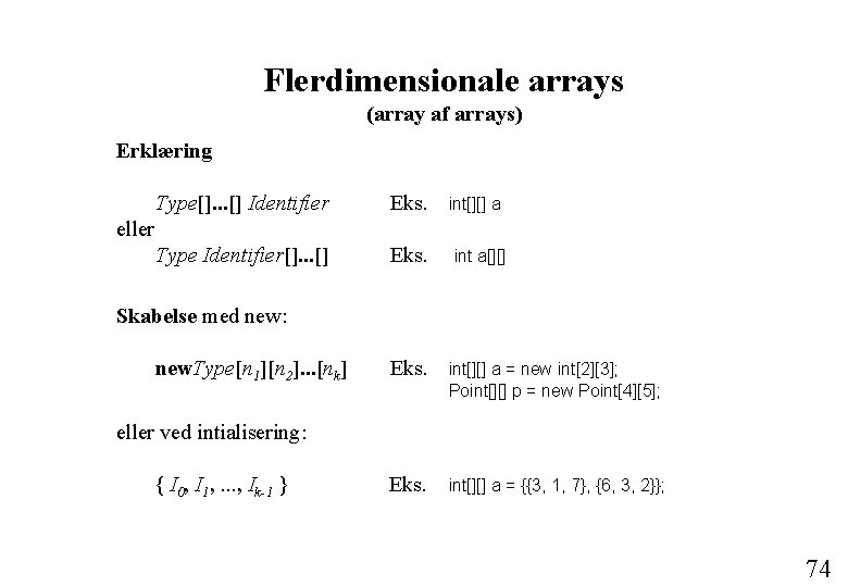 Flerdimensionale arrays (array af arrays) Erklæring Type[]. . . [] Identifier Eks. Type Identifier[].