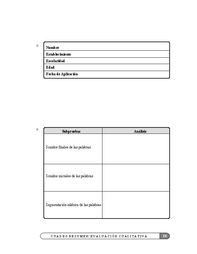 Nombre Establecimiento Escolaridad Edad Fecha de Aplicación Subpruebas Análisis Sonidos finales de las palabras