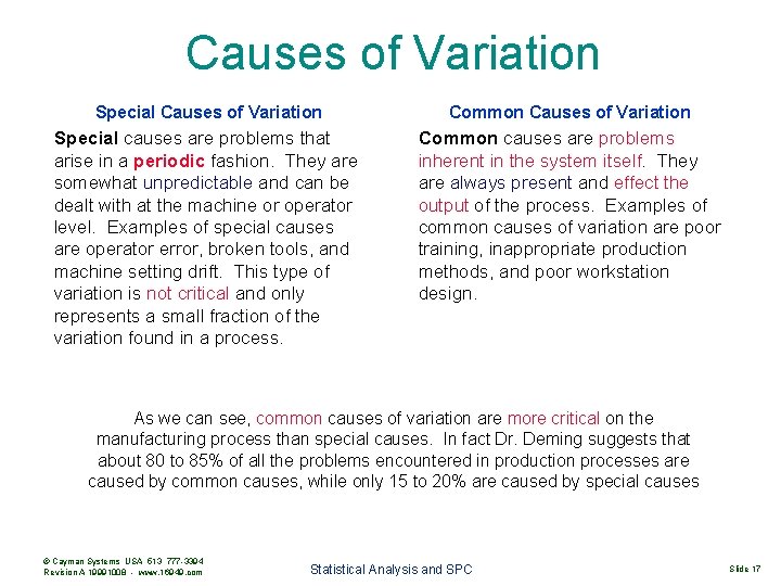 Causes of Variation Special Causes of Variation Common Causes of Variation Special causes are
