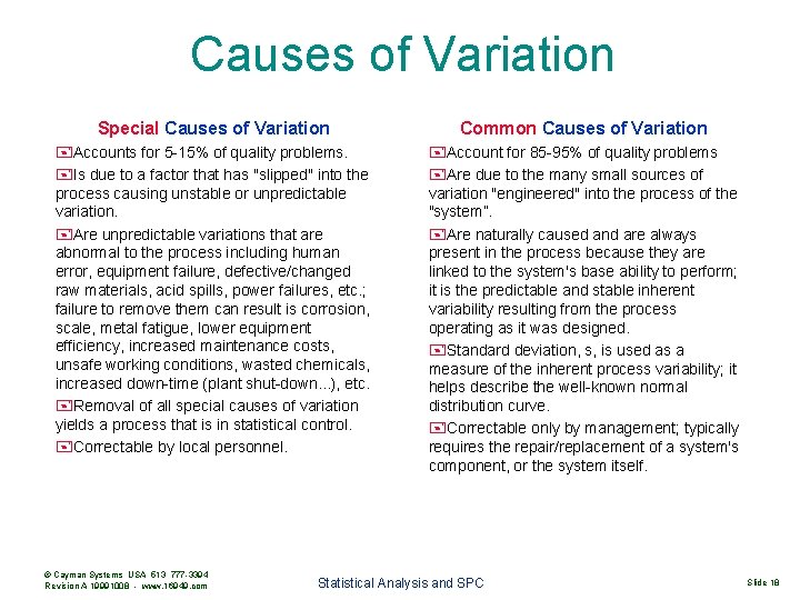Causes of Variation Special Causes of Variation Common Causes of Variation +Accounts for 5