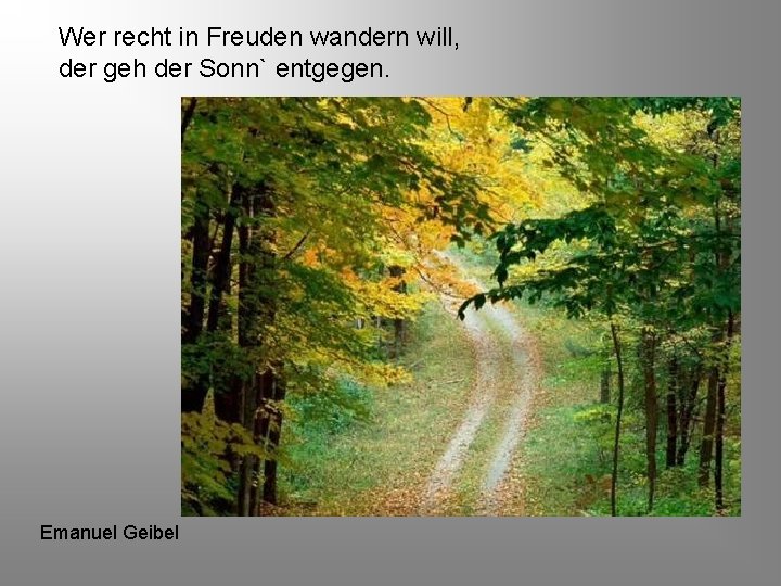 Wer recht in Freuden wandern will, der geh der Sonn` entgegen. Emanuel Geibel 