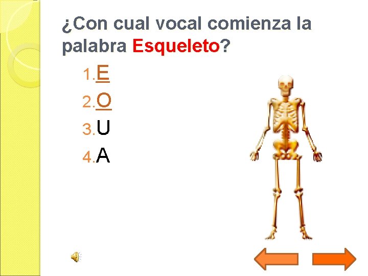 ¿Con cual vocal comienza la palabra Esqueleto? 1. E 2. O 3. U 4.