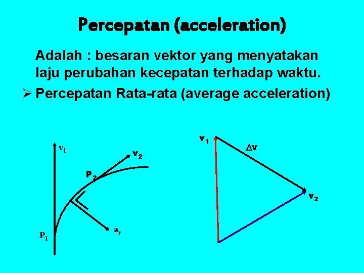 Percepatan (acceleration) Adalah : besaran vektor yang menyatakan laju perubahan kecepatan terhadap waktu. Ø