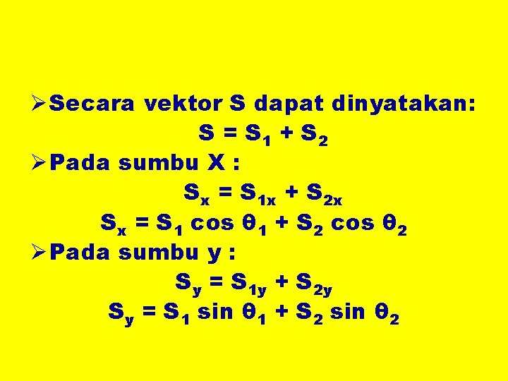 Ø Secara vektor S dapat dinyatakan: S = S 1 + S 2 Ø