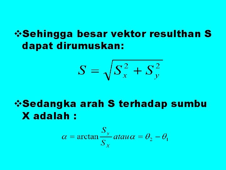 v. Sehingga besar vektor resulthan S dapat dirumuskan: v. Sedangka arah S terhadap sumbu